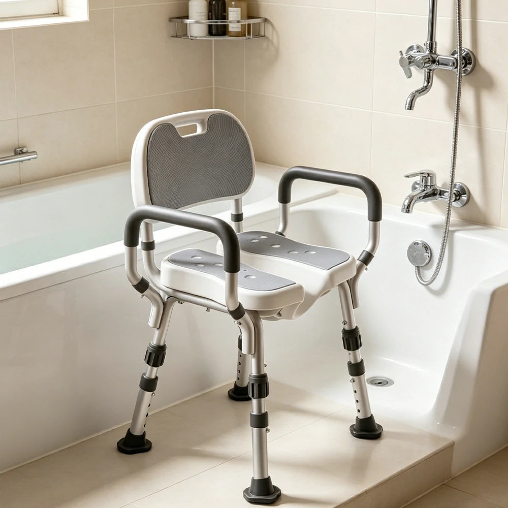 LIVARA Shower Chair with Grooved Seat Adjustable Height Soft Wave Cushion Waterproof Panel Anti-Slip Feet for Elderly Pregnant Bathroom Safety