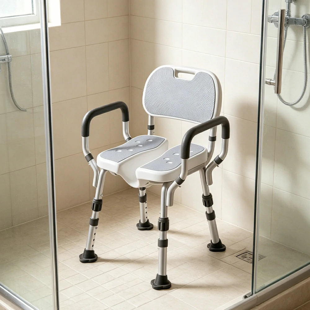 LIVARA Shower Chair with Grooved Seat Adjustable Height Soft Wave Cushion Waterproof Panel Anti-Slip Feet for Elderly Pregnant Bathroom Safety