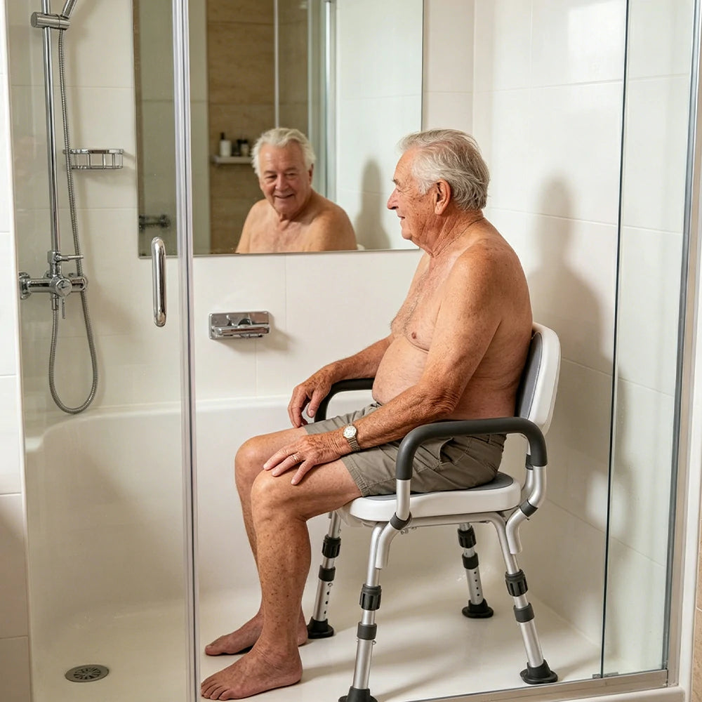 LIVARA Shower Chair with Grooved Seat Adjustable Height Soft Wave Cushion Waterproof Panel Anti-Slip Feet for Elderly Pregnant Bathroom Safety