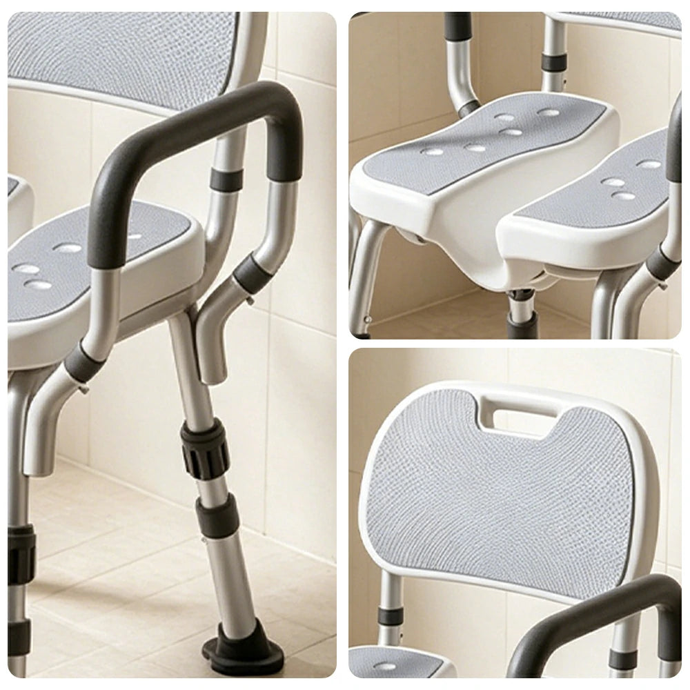 LIVARA Shower Chair with Grooved Seat Adjustable Height Soft Wave Cushion Waterproof Panel Anti-Slip Feet for Elderly Pregnant Bathroom Safety