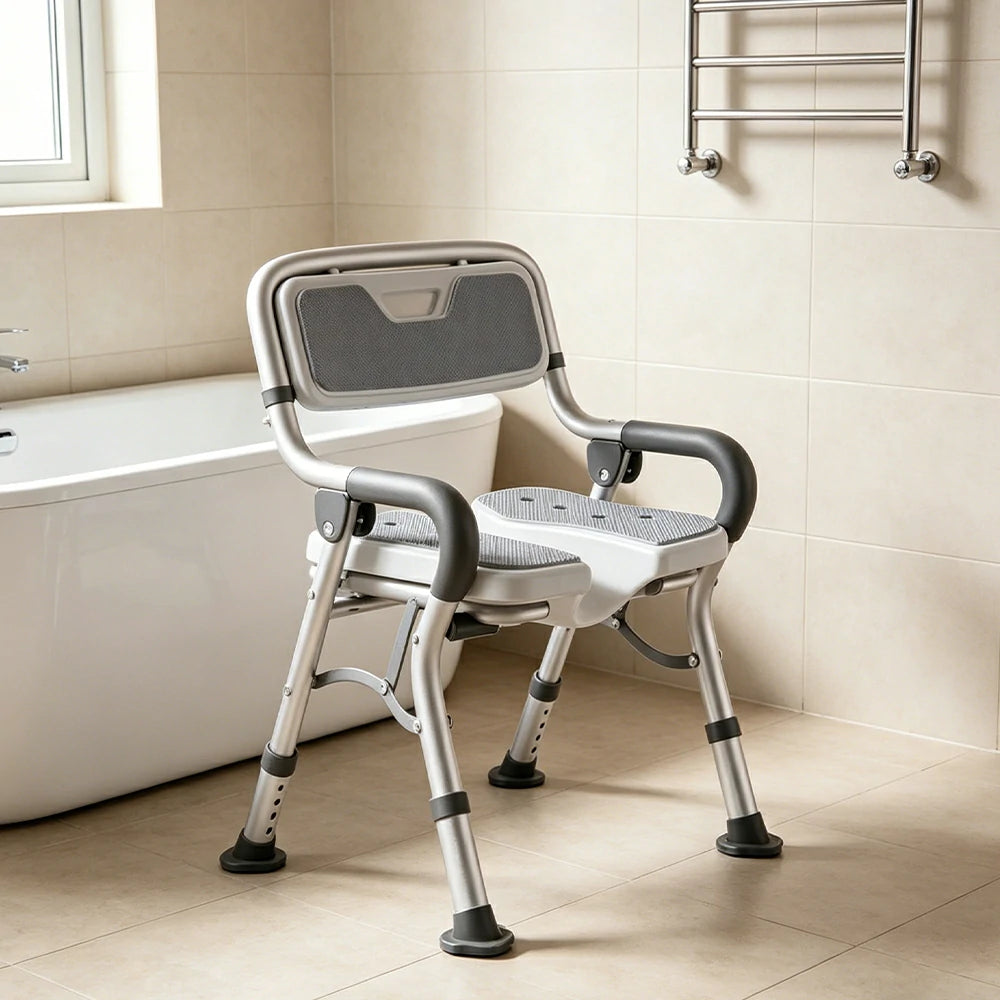 LIVARA Foldable Shower Chair with Grooved Seat Adjustable Height Soft Wave Cushion Waterproof Panel Anti-Slip Feet for Elderly Pregnant Bathroom Safety