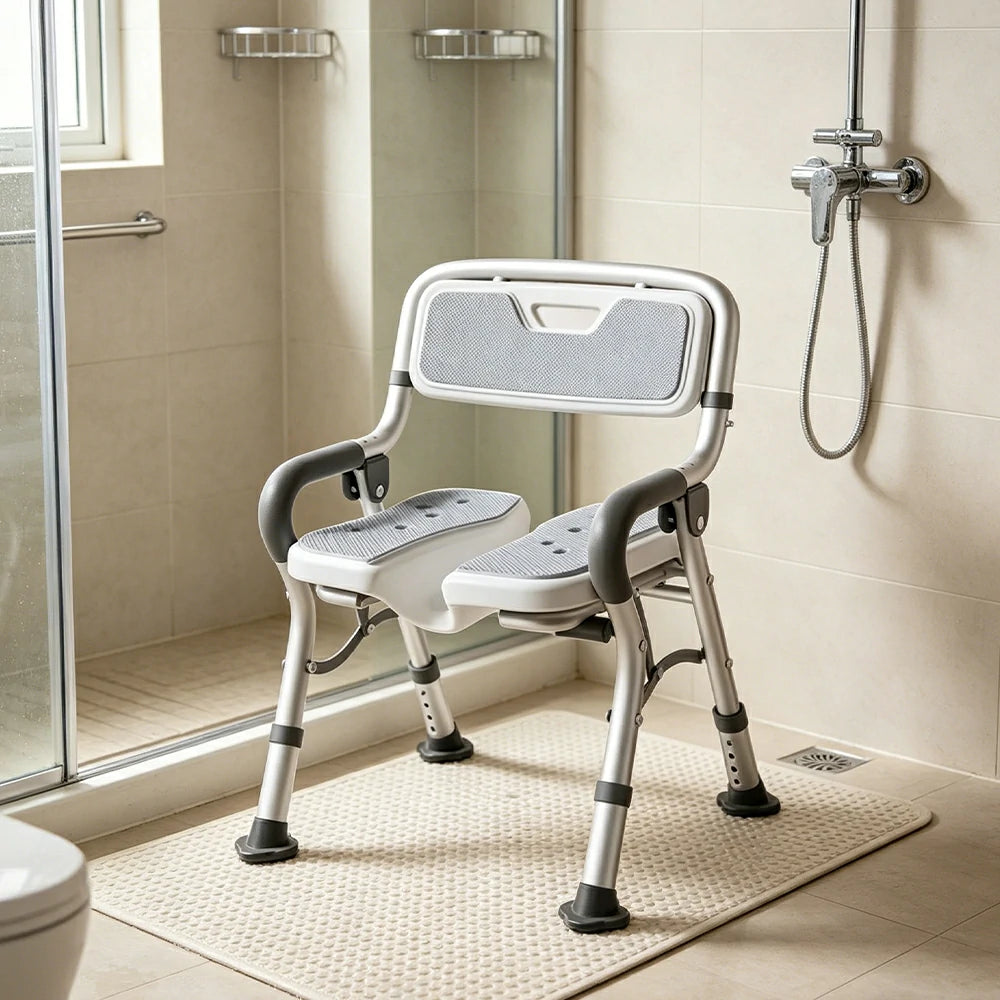 LIVARA Foldable Shower Chair with Grooved Seat Adjustable Height Soft Wave Cushion Waterproof Panel Anti-Slip Feet for Elderly Pregnant Bathroom Safety