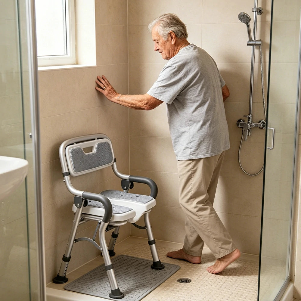LIVARA Foldable Shower Chair with Grooved Seat Adjustable Height Soft Wave Cushion Waterproof Panel Anti-Slip Feet for Elderly Pregnant Bathroom Safety