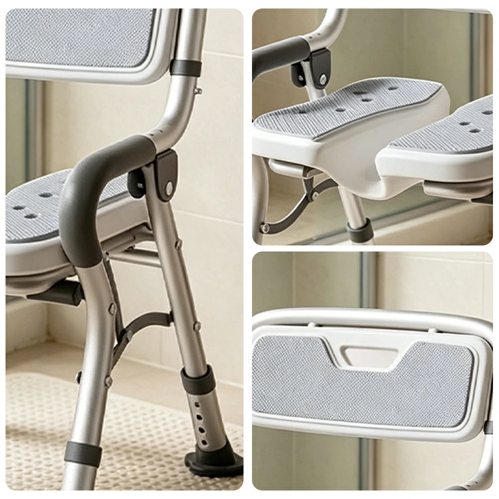 LIVARA Foldable Shower Chair with Grooved Seat Adjustable Height Soft Wave Cushion Waterproof Panel Anti-Slip Feet for Elderly Pregnant Bathroom Safety