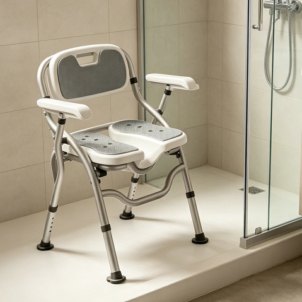 LIVARA Large Foldable Shower Chair with Grooved Seat Adjustable Height Soft Wave Cushion Waterproof Panel Anti-Slip Feet for Elderly Pregnant Bathroom Safety