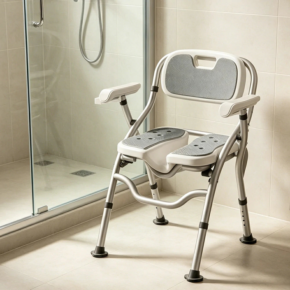 LIVARA Large Foldable Shower Chair with Grooved Seat Adjustable Height Soft Wave Cushion Waterproof Panel Anti-Slip Feet for Elderly Pregnant Bathroom Safety