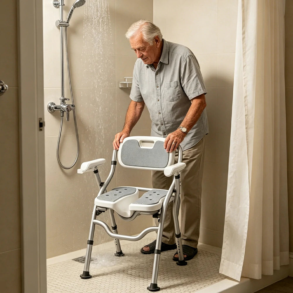 LIVARA Large Foldable Shower Chair with Grooved Seat Adjustable Height Soft Wave Cushion Waterproof Panel Anti-Slip Feet for Elderly Pregnant Bathroom Safety
