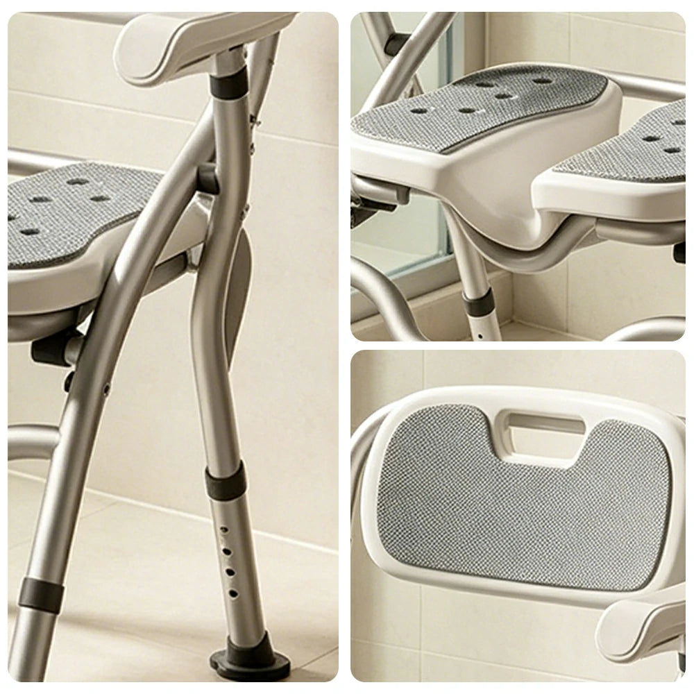 LIVARA Large Foldable Shower Chair with Grooved Seat Adjustable Height Soft Wave Cushion Waterproof Panel Anti-Slip Feet for Elderly Pregnant Bathroom Safety