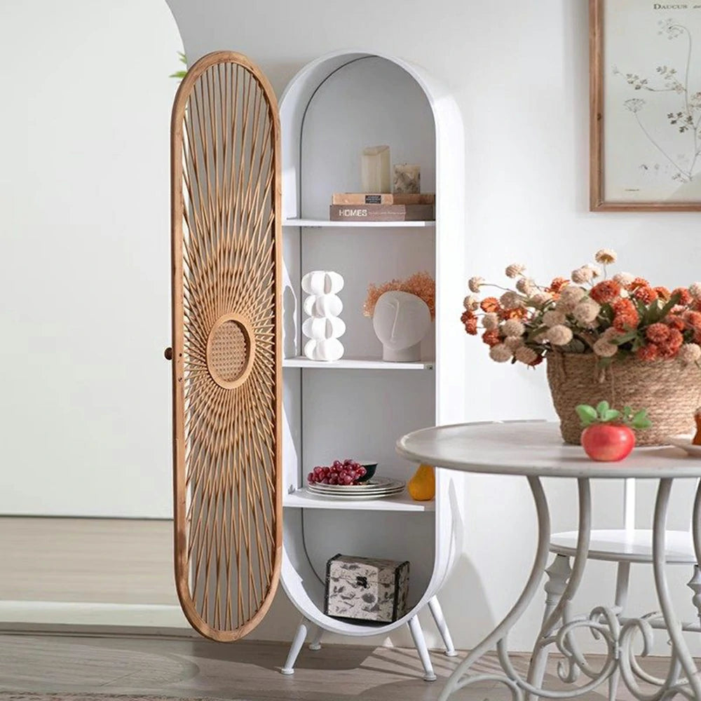 LIVARA Vintage Bamboo Storage Cabinet Tall Organizer Shelf Handwoven Door Solid Wood Frame Arched Design