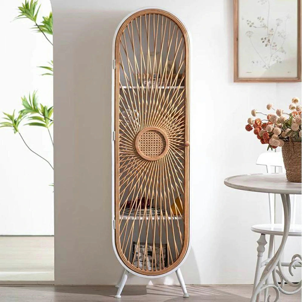LIVARA Vintage Bamboo Storage Cabinet Tall Organizer Shelf Handwoven Door Solid Wood Frame Arched Design