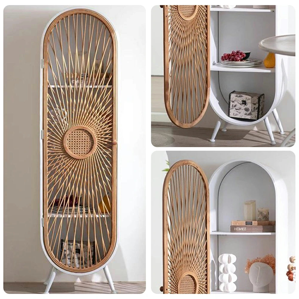 LIVARA Vintage Bamboo Storage Cabinet Tall Organizer Shelf Handwoven Door Solid Wood Frame Arched Design