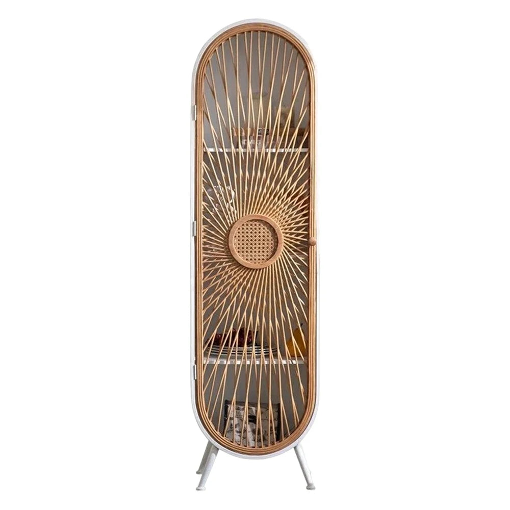 LIVARA Vintage Bamboo Storage Cabinet Tall Organizer Shelf Handwoven Door Solid Wood Frame Arched Design