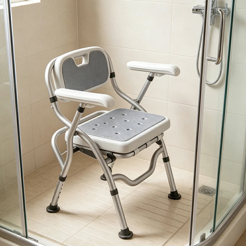 LIVARA Large Foldable Shower Chair with Square Seat Adjustable Height Soft Wave Cushion Waterproof Panel Anti-Slip Feet for Elderly Pregnant Bathroom Safety