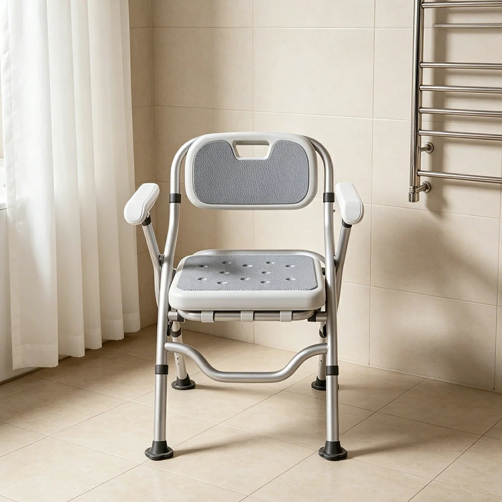 LIVARA Large Foldable Shower Chair with Square Seat Adjustable Height Soft Wave Cushion Waterproof Panel Anti-Slip Feet for Elderly Pregnant Bathroom Safety