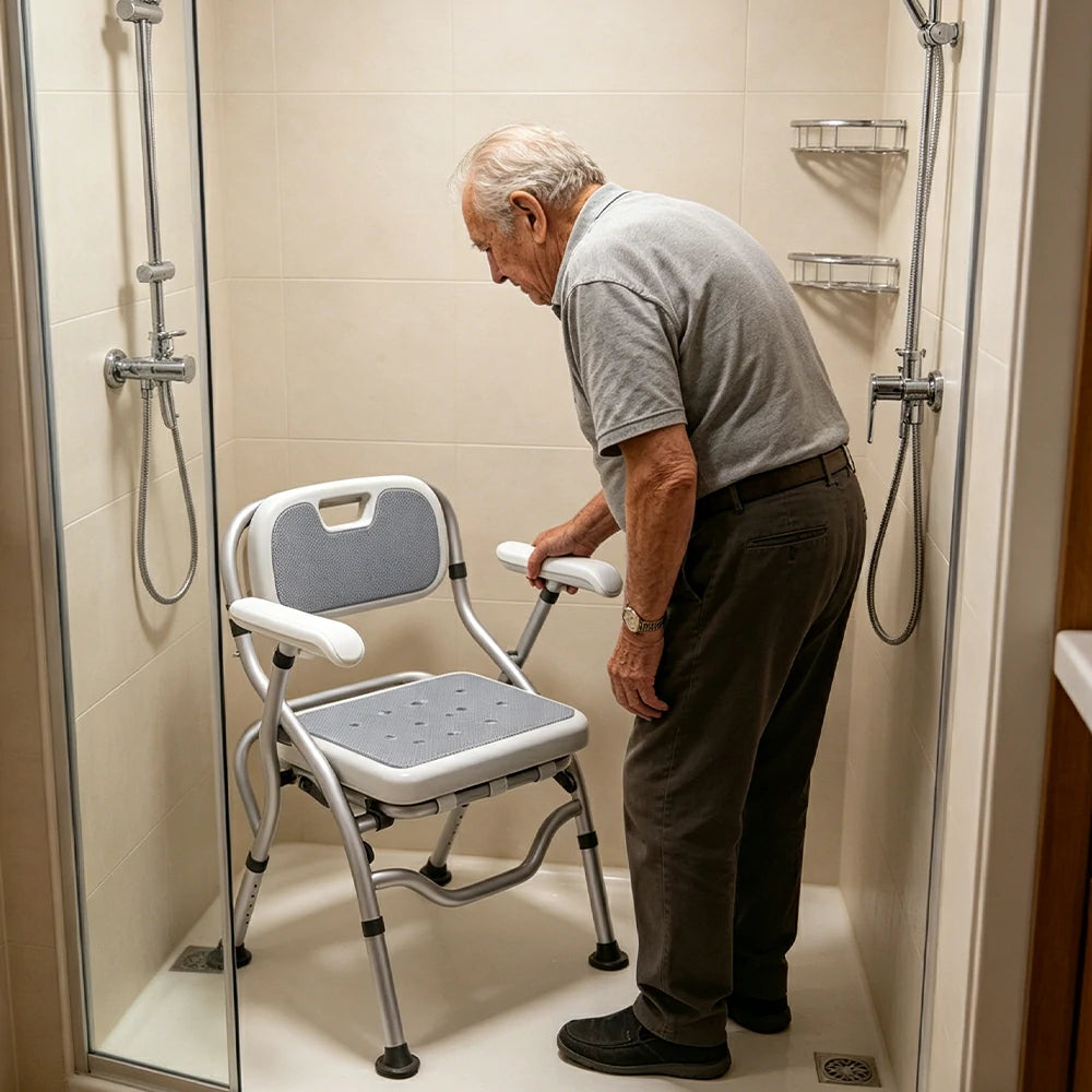 LIVARA Large Foldable Shower Chair with Square Seat Adjustable Height Soft Wave Cushion Waterproof Panel Anti-Slip Feet for Elderly Pregnant Bathroom Safety