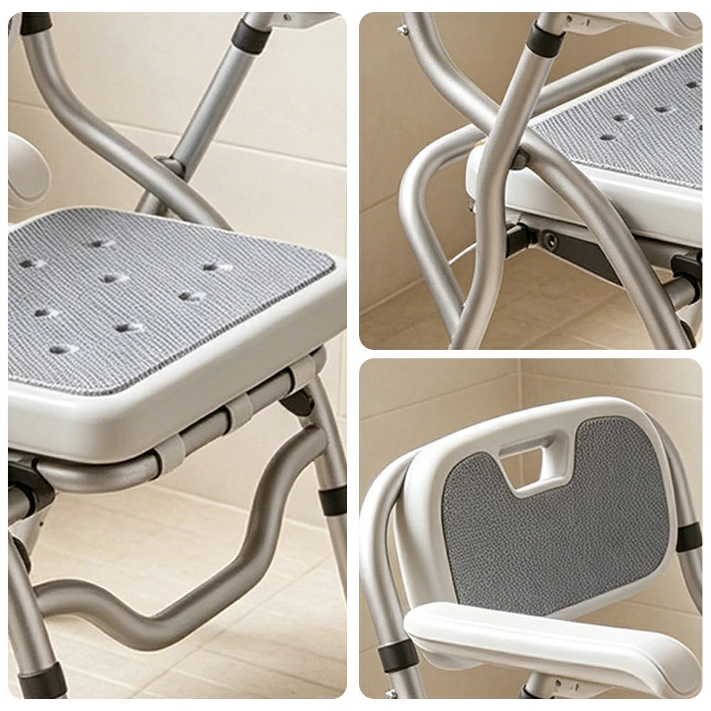 LIVARA Large Foldable Shower Chair with Square Seat Adjustable Height Soft Wave Cushion Waterproof Panel Anti-Slip Feet for Elderly Pregnant Bathroom Safety