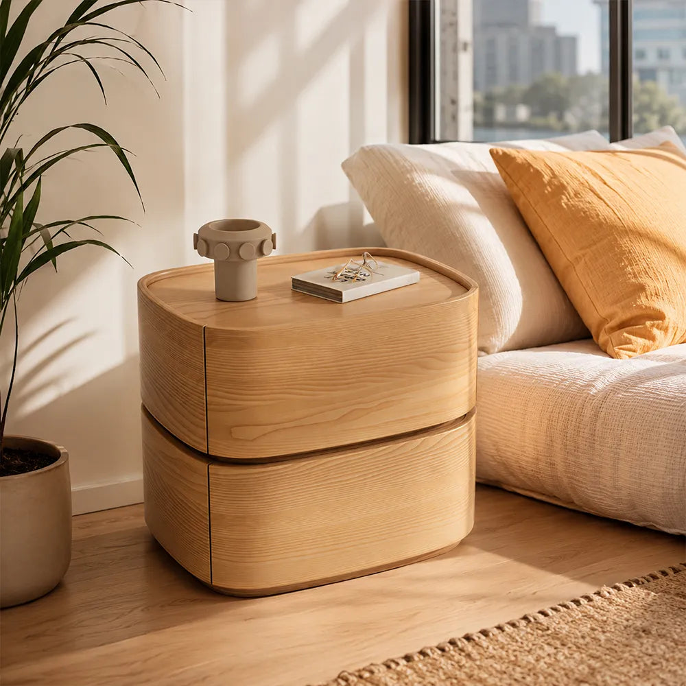 LIVARA Modern Curved Bedside Table with Natural Wood Veneer, Double Drawer Storage, Rounded Edges, Velvet Lined Drawers, 40cm - Natural White Oak