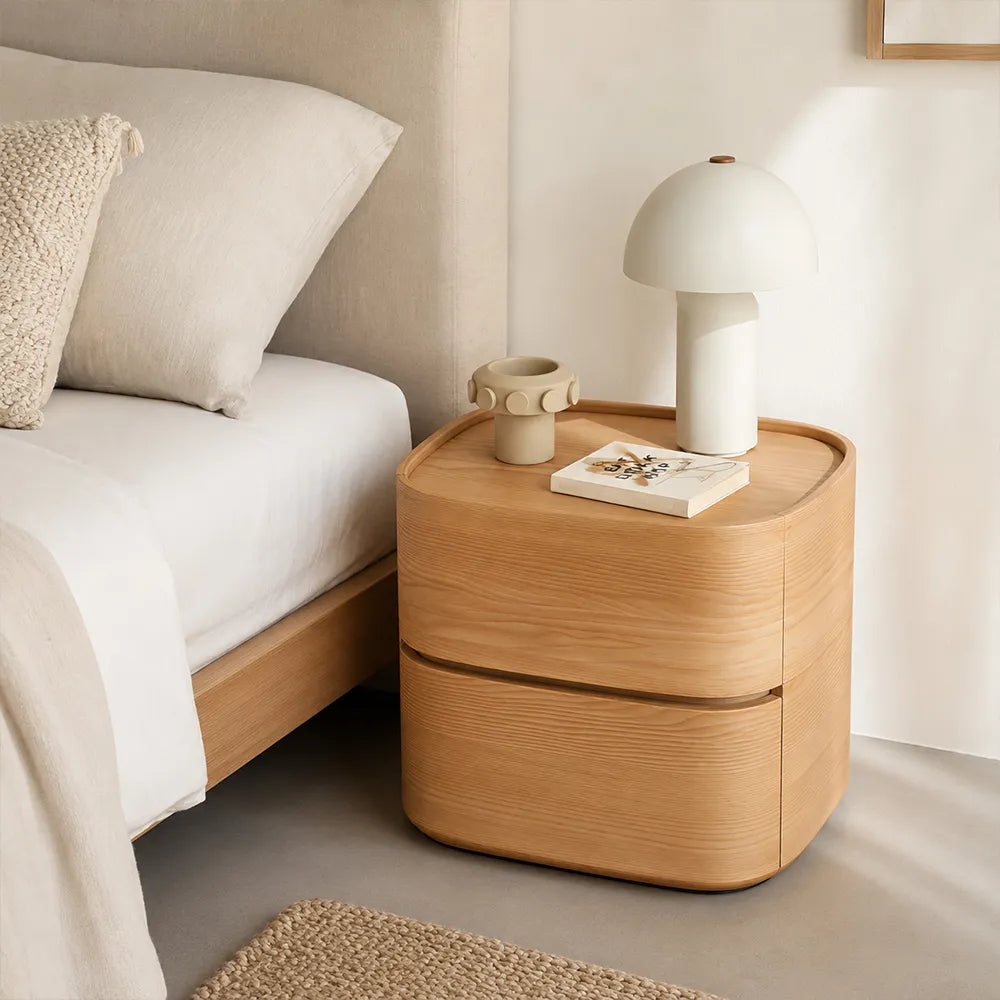 LIVARA Modern Curved Bedside Table with Natural Wood Veneer, Double Drawer Storage, Rounded Edges, Velvet Lined Drawers, 40cm - Natural White Oak