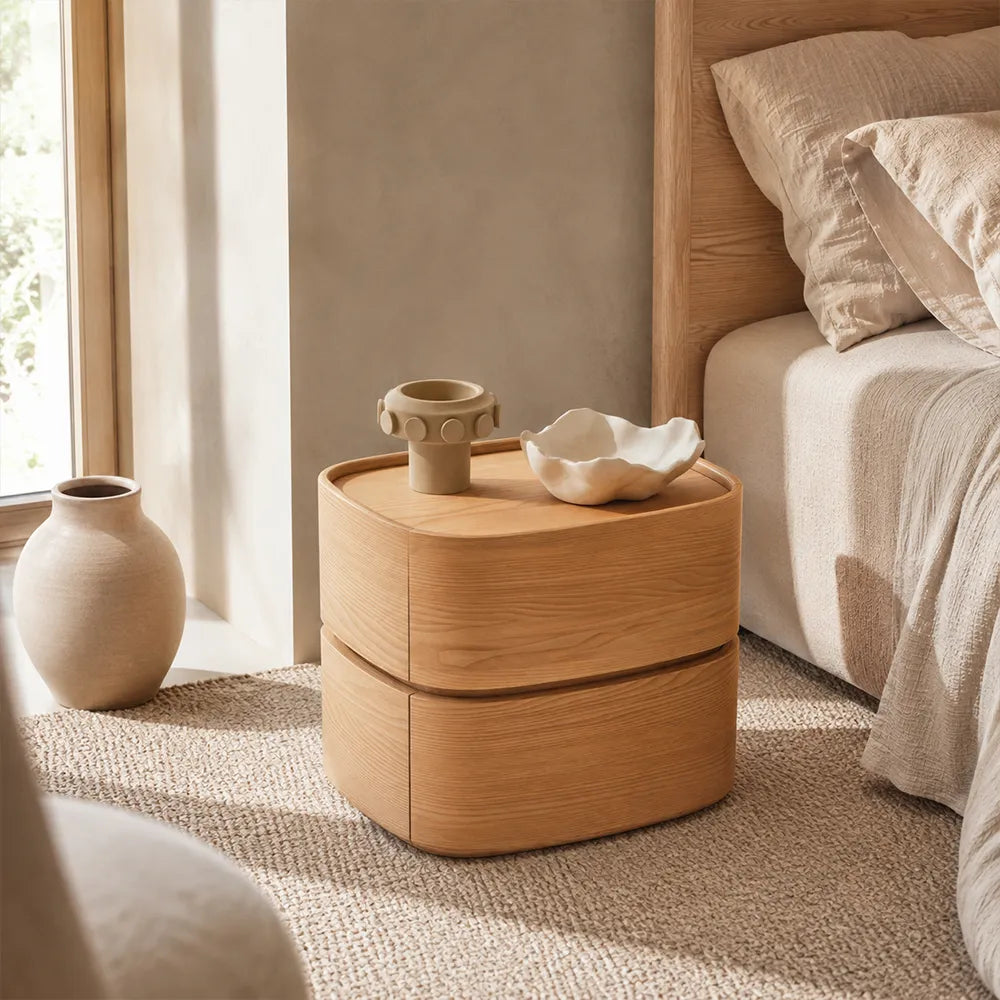 LIVARA Modern Curved Bedside Table with Natural Wood Veneer, Double Drawer Storage, Rounded Edges, Velvet Lined Drawers, 40cm - Natural White Oak