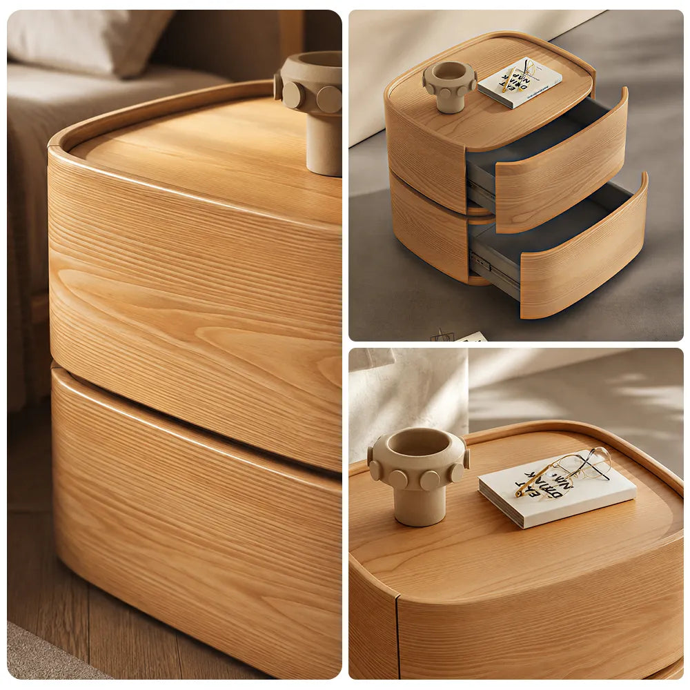 LIVARA Modern Curved Bedside Table with Natural Wood Veneer, Double Drawer Storage, Rounded Edges, Velvet Lined Drawers, 40cm - Natural White Oak