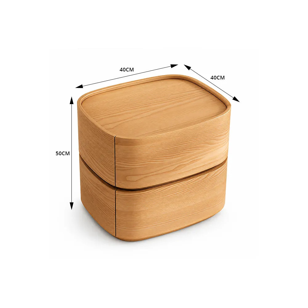 LIVARA Modern Curved Bedside Table with Natural Wood Veneer, Double Drawer Storage, Rounded Edges, Velvet Lined Drawers, 40cm - Natural White Oak