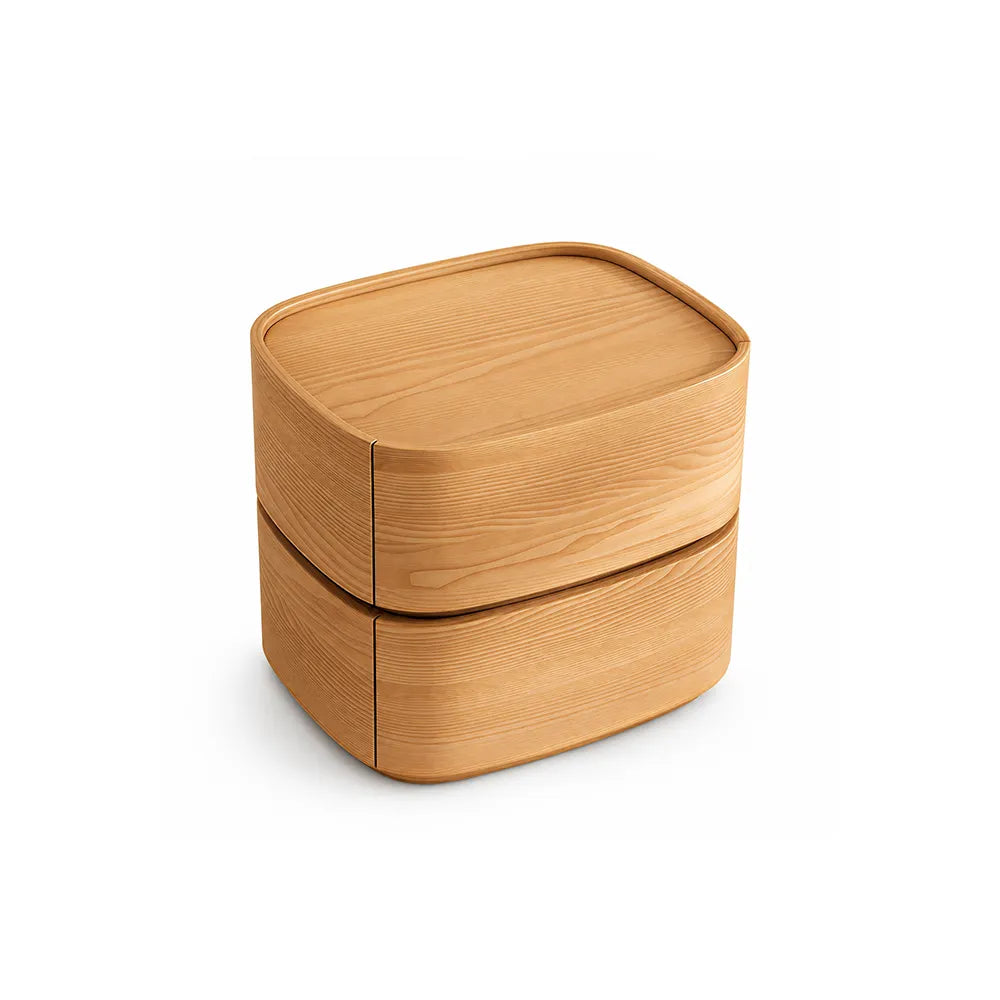 LIVARA Modern Curved Bedside Table with Natural Wood Veneer, Double Drawer Storage, Rounded Edges, Velvet Lined Drawers, 40cm - Natural White Oak