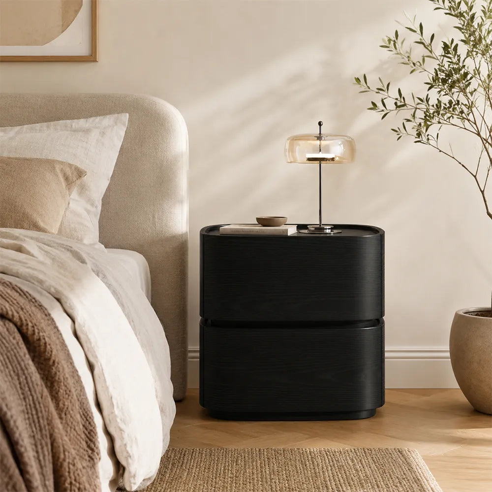 LIVARA Modern Curved Bedside Table with Natural Wood Veneer, Double Drawer Storage, Rounded Edges, Velvet Lined Drawers, 40cm - Natural Black Oak