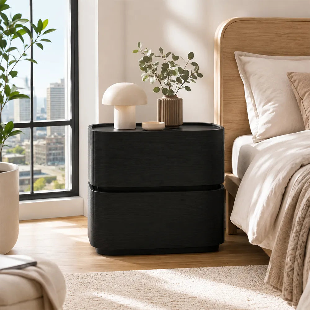 LIVARA Modern Curved Bedside Table with Natural Wood Veneer, Double Drawer Storage, Rounded Edges, Velvet Lined Drawers, 40cm - Natural Black Oak