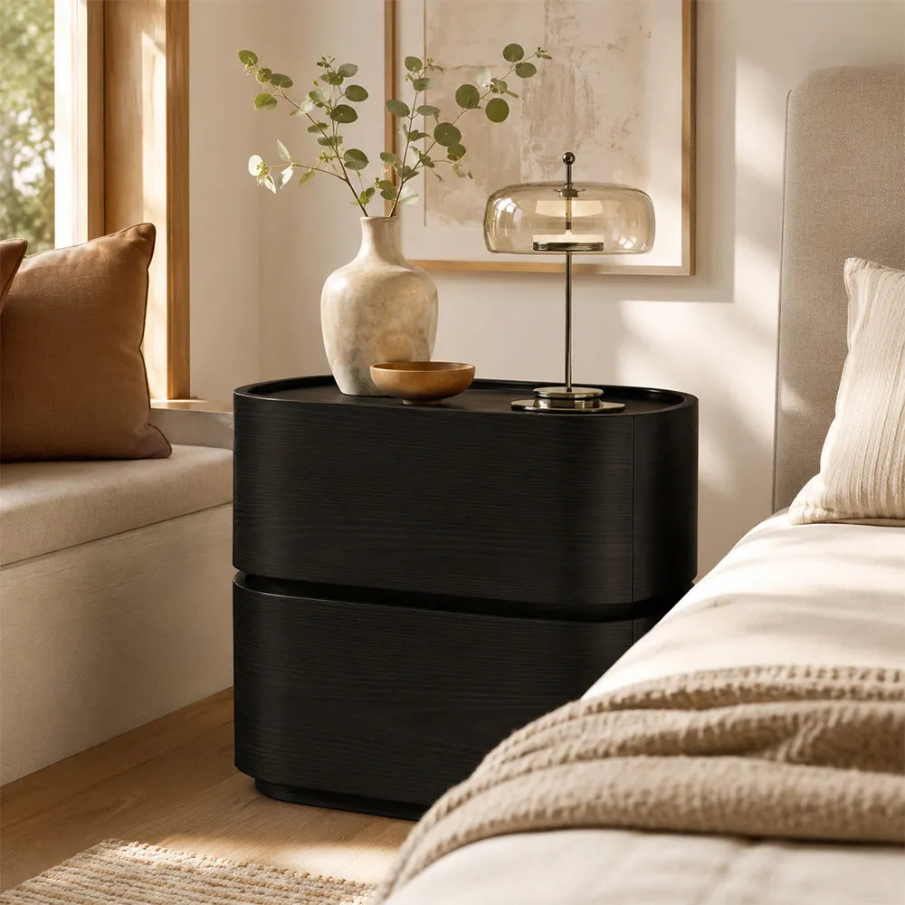 LIVARA Modern Curved Bedside Table with Natural Wood Veneer, Double Drawer Storage, Rounded Edges, Velvet Lined Drawers, 40cm - Natural Black Oak