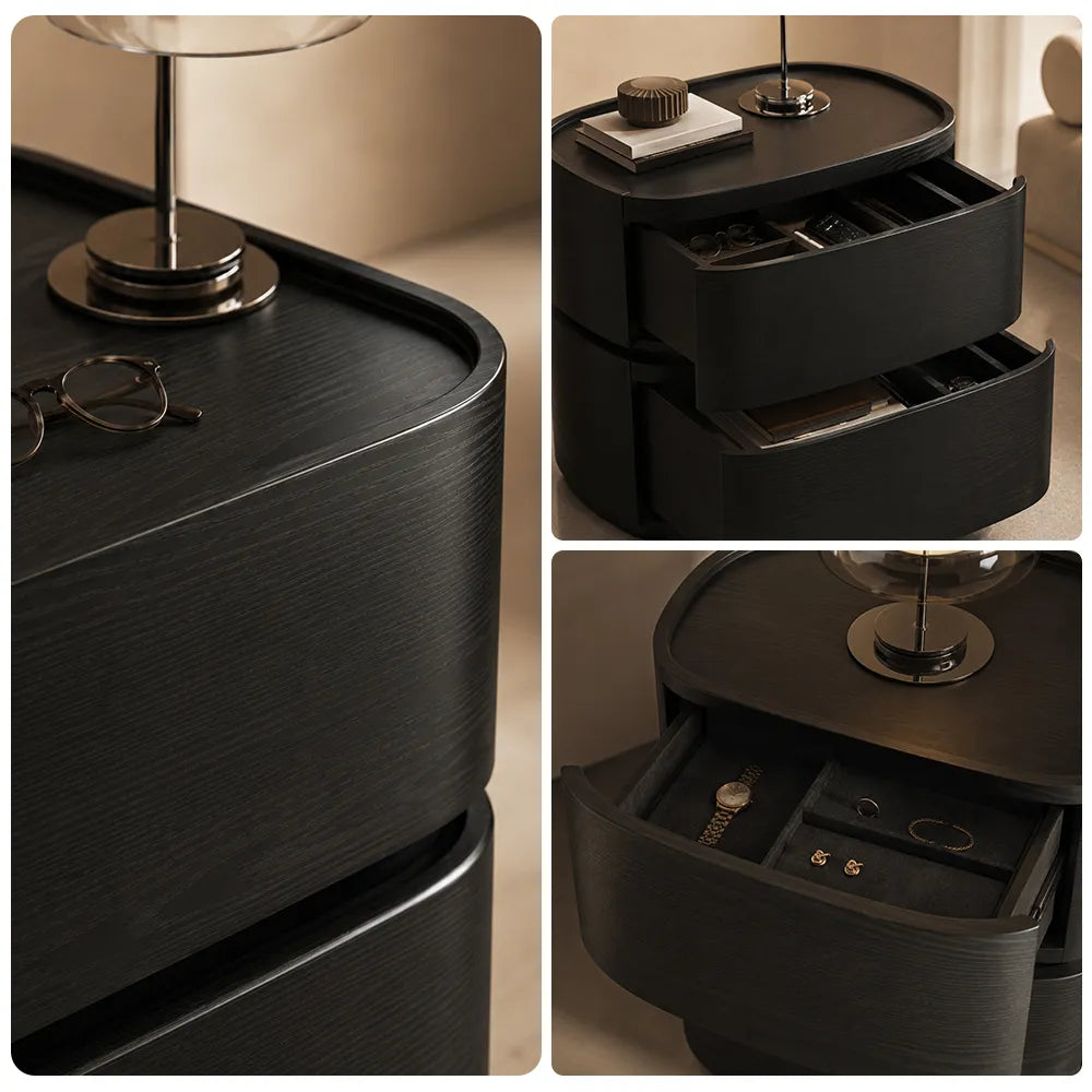 LIVARA Modern Curved Bedside Table with Natural Wood Veneer, Double Drawer Storage, Rounded Edges, Velvet Lined Drawers, 40cm - Natural Black Oak