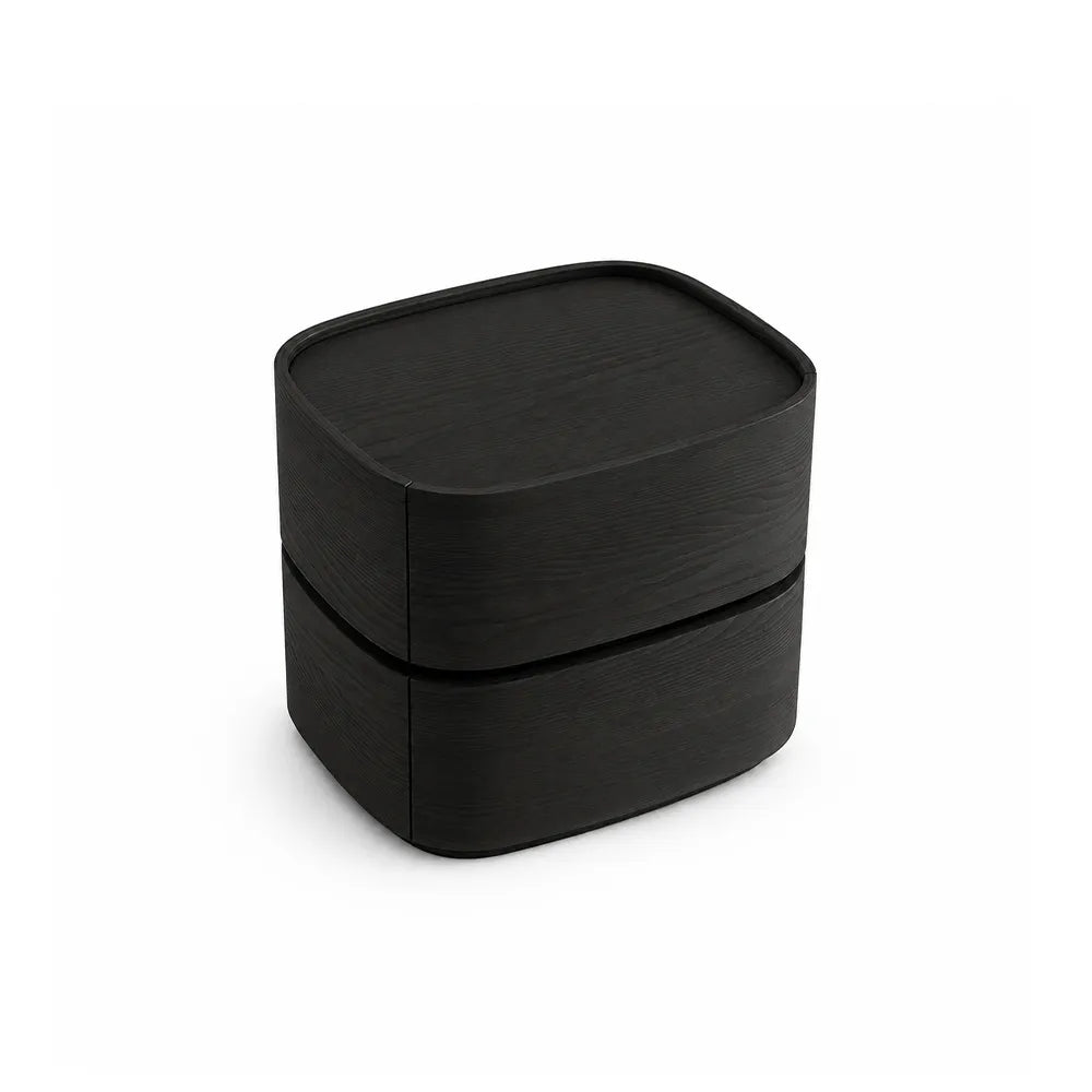 LIVARA Modern Curved Bedside Table with Natural Wood Veneer, Double Drawer Storage, Rounded Edges, Velvet Lined Drawers, 40cm - Natural Black Oak