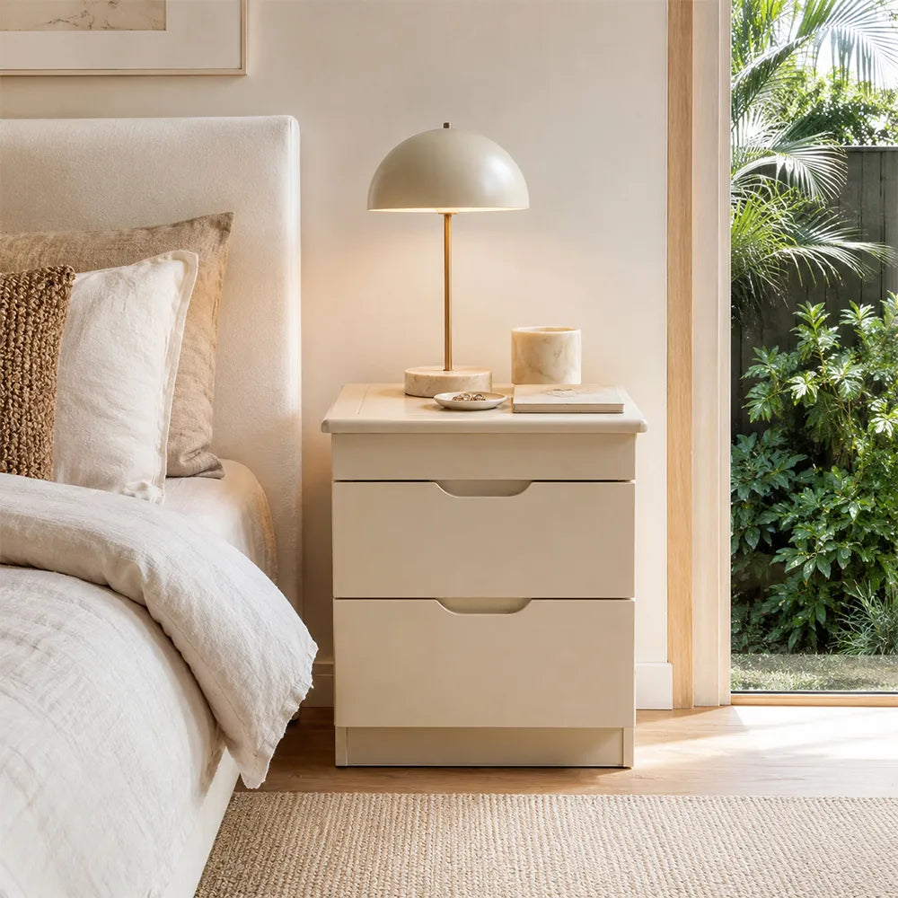 LIVARA Modern Solid Wood Bedside Table with Concealed Key Lock Safe, Double Storage Drawers, Smooth Metal Runners, Rounded Corners, 50cm - White