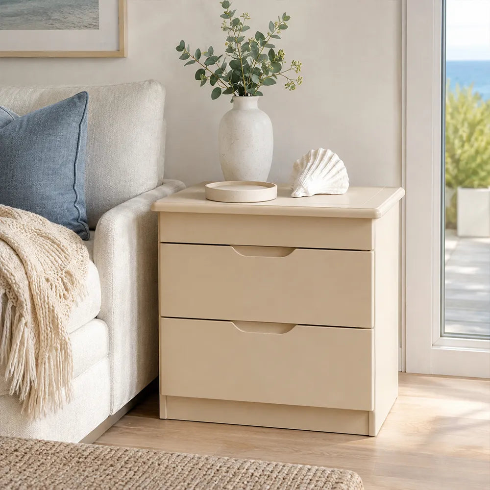 LIVARA Modern Solid Wood Bedside Table with Concealed Key Lock Safe, Double Storage Drawers, Smooth Metal Runners, Rounded Corners, 50cm - White