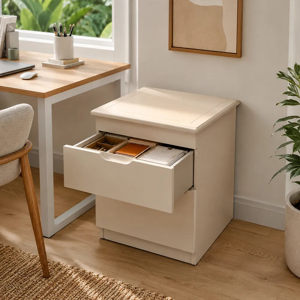LIVARA Modern Solid Wood Bedside Table with Concealed Key Lock Safe, Double Storage Drawers, Smooth Metal Runners, Rounded Corners, 50cm - White