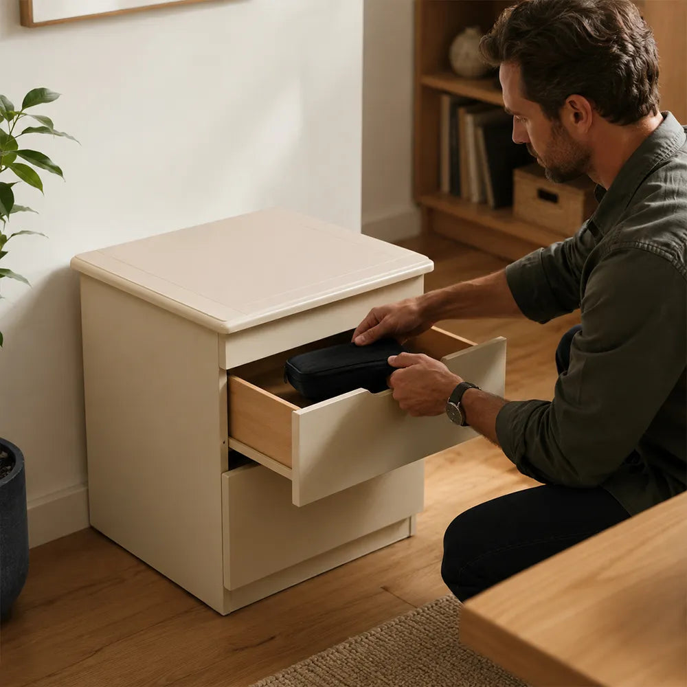 LIVARA Modern Solid Wood Bedside Table with Concealed Key Lock Safe, Double Storage Drawers, Smooth Metal Runners, Rounded Corners, 50cm - White