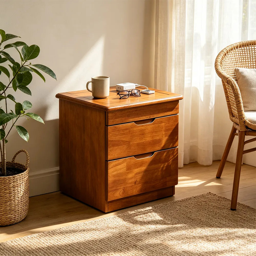 LIVARA Modern Solid Wood Bedside Table with Concealed Key Lock Safe, Double Storage Drawers, Smooth Metal Runners, Rounded Corners, 50cm - Walnut