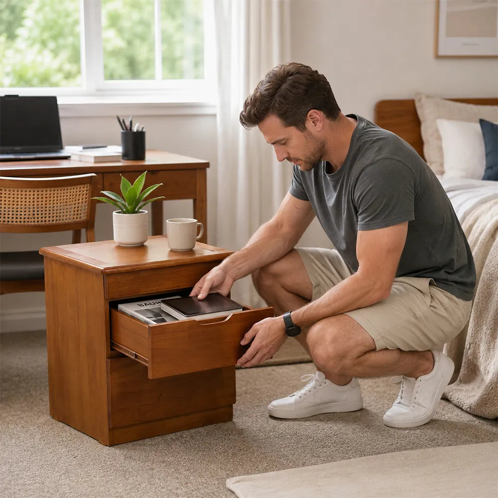 LIVARA Modern Solid Wood Bedside Table with Concealed Key Lock Safe, Double Storage Drawers, Smooth Metal Runners, Rounded Corners, 50cm - Walnut
