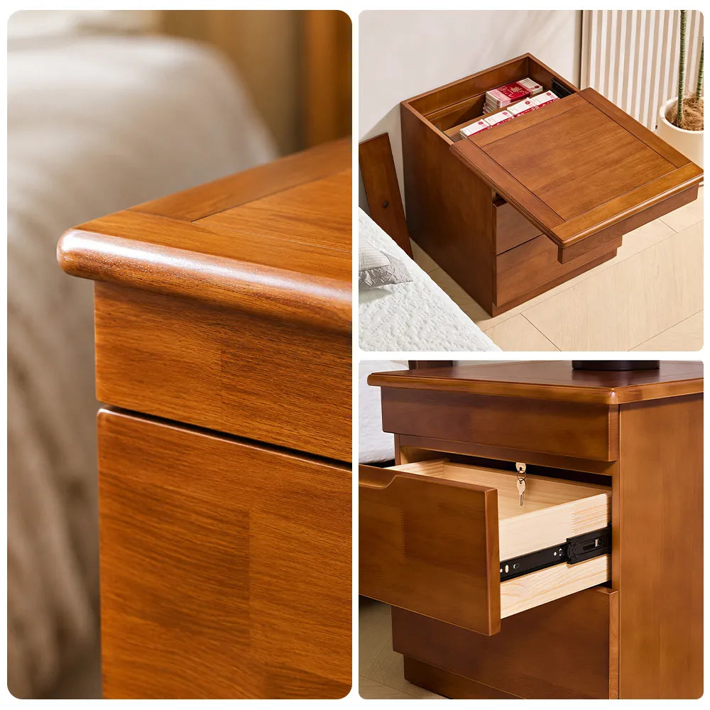 LIVARA Modern Solid Wood Bedside Table with Concealed Key Lock Safe, Double Storage Drawers, Smooth Metal Runners, Rounded Corners, 50cm - Walnut