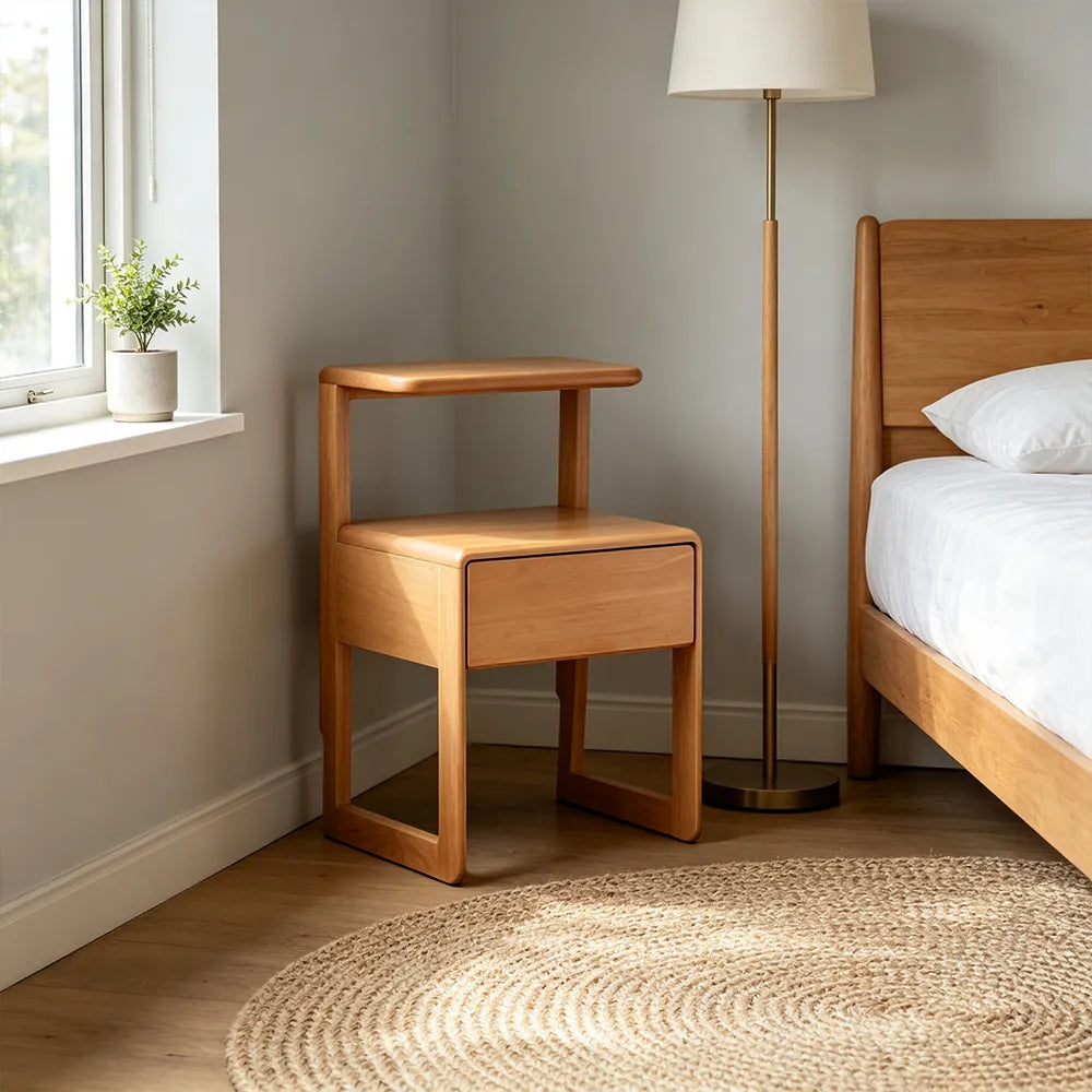 LIVARA Modern Solid Beech Wood Bedside Table with Two Tier Open Shelves, Storage Drawer, Elevated Legs, Underbed Storage Space, 40cm - Natural Wood