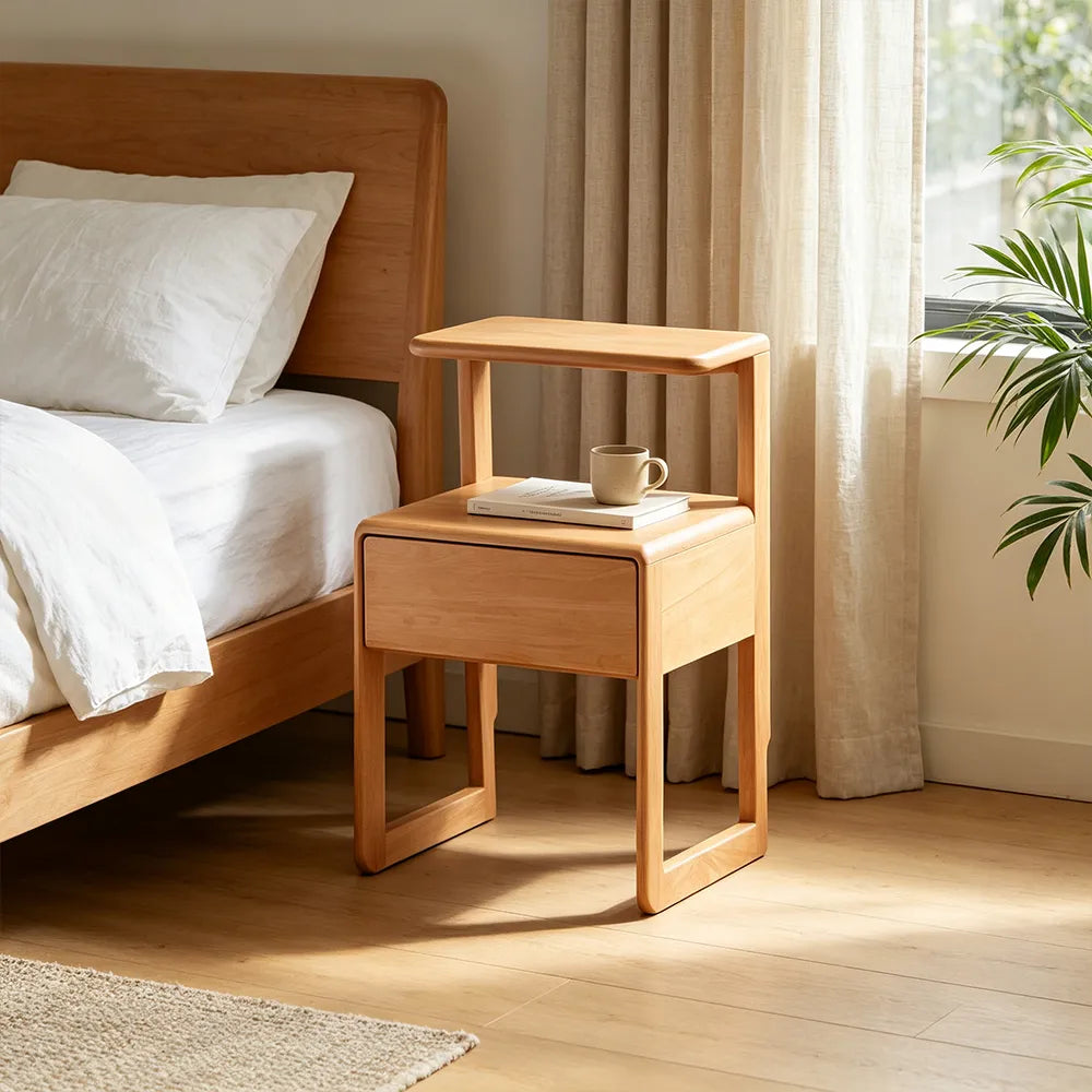 LIVARA Modern Solid Beech Wood Bedside Table with Two Tier Open Shelves, Storage Drawer, Elevated Legs, Underbed Storage Space, 40cm - Natural Wood