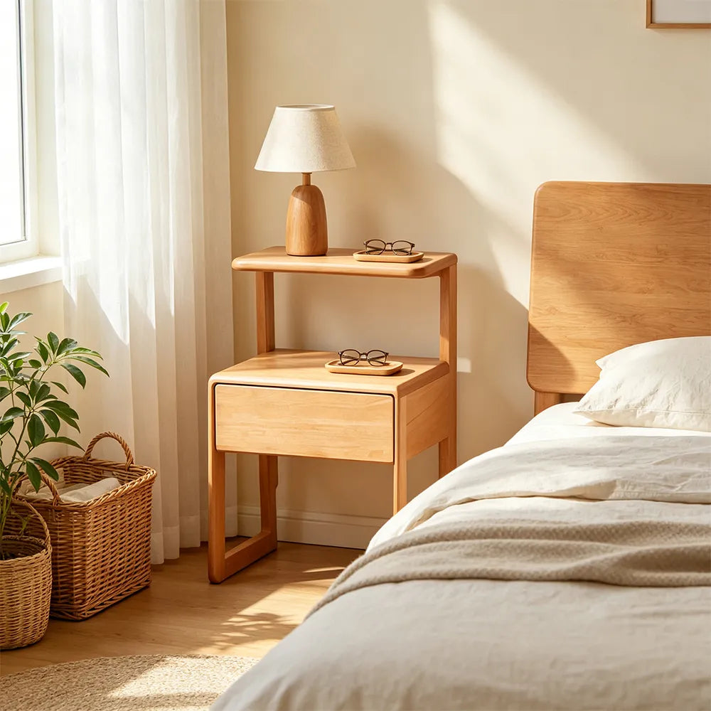 LIVARA Modern Solid Beech Wood Bedside Table with Two Tier Open Shelves, Storage Drawer, Elevated Legs, Underbed Storage Space, 40cm - Natural Wood