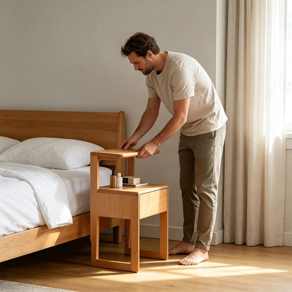 LIVARA Modern Solid Beech Wood Bedside Table with Two Tier Open Shelves, Storage Drawer, Elevated Legs, Underbed Storage Space, 40cm - Natural Wood