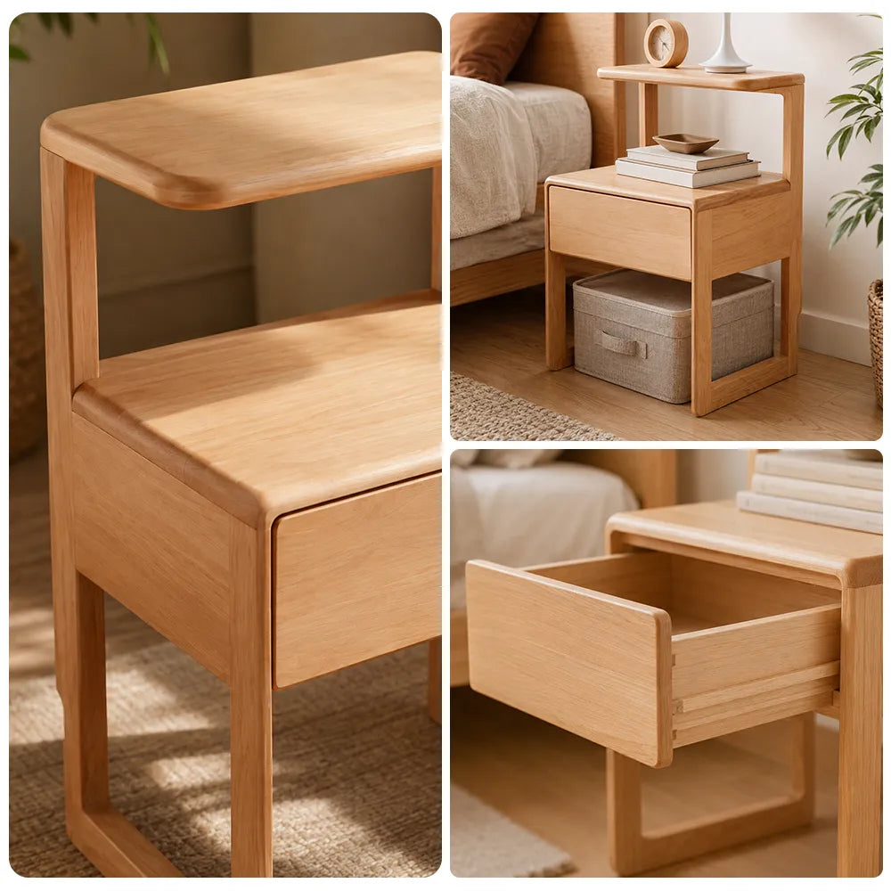 LIVARA Modern Solid Beech Wood Bedside Table with Two Tier Open Shelves, Storage Drawer, Elevated Legs, Underbed Storage Space, 40cm - Natural Wood