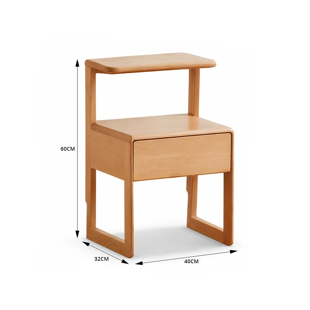 LIVARA Modern Solid Beech Wood Bedside Table with Two Tier Open Shelves, Storage Drawer, Elevated Legs, Underbed Storage Space, 40cm - Natural Wood