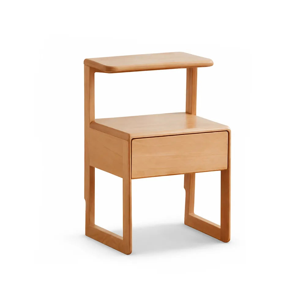 LIVARA Modern Solid Beech Wood Bedside Table with Two Tier Open Shelves, Storage Drawer, Elevated Legs, Underbed Storage Space, 40cm - Natural Wood