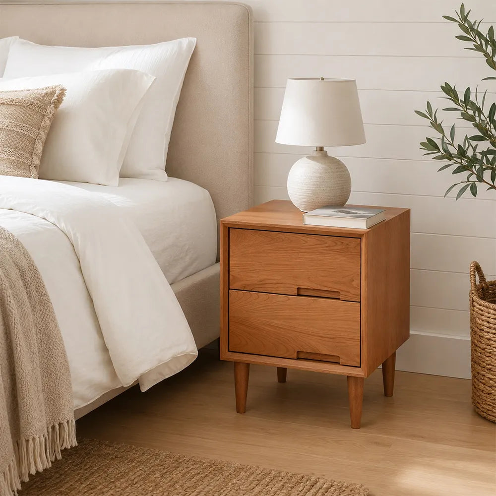 LIVARA Modern FAS Grade Solid Cherry Wood Bedside Table with Double Drawers, Recessed Handles, Dovetail Joinery, Tapered Legs, 40cm - Cherry Wood