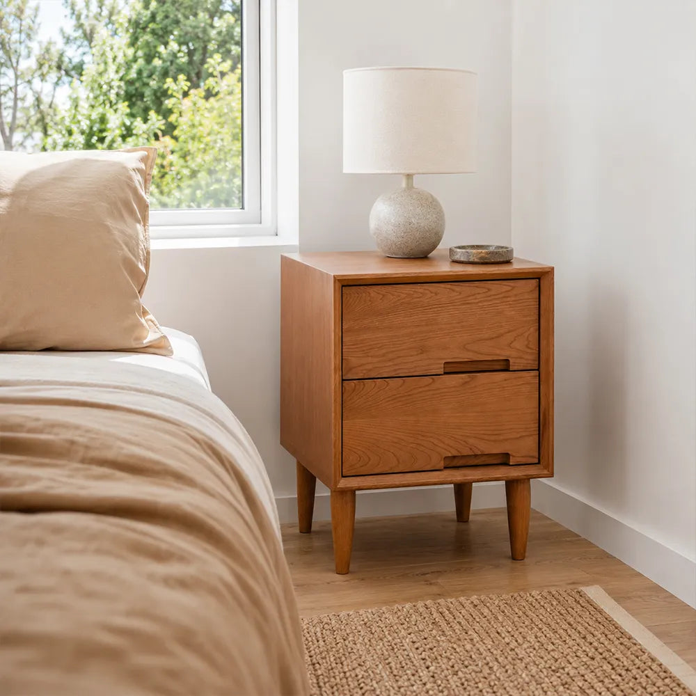 LIVARA Modern FAS Grade Solid Cherry Wood Bedside Table with Double Drawers, Recessed Handles, Dovetail Joinery, Tapered Legs, 40cm - Cherry Wood
