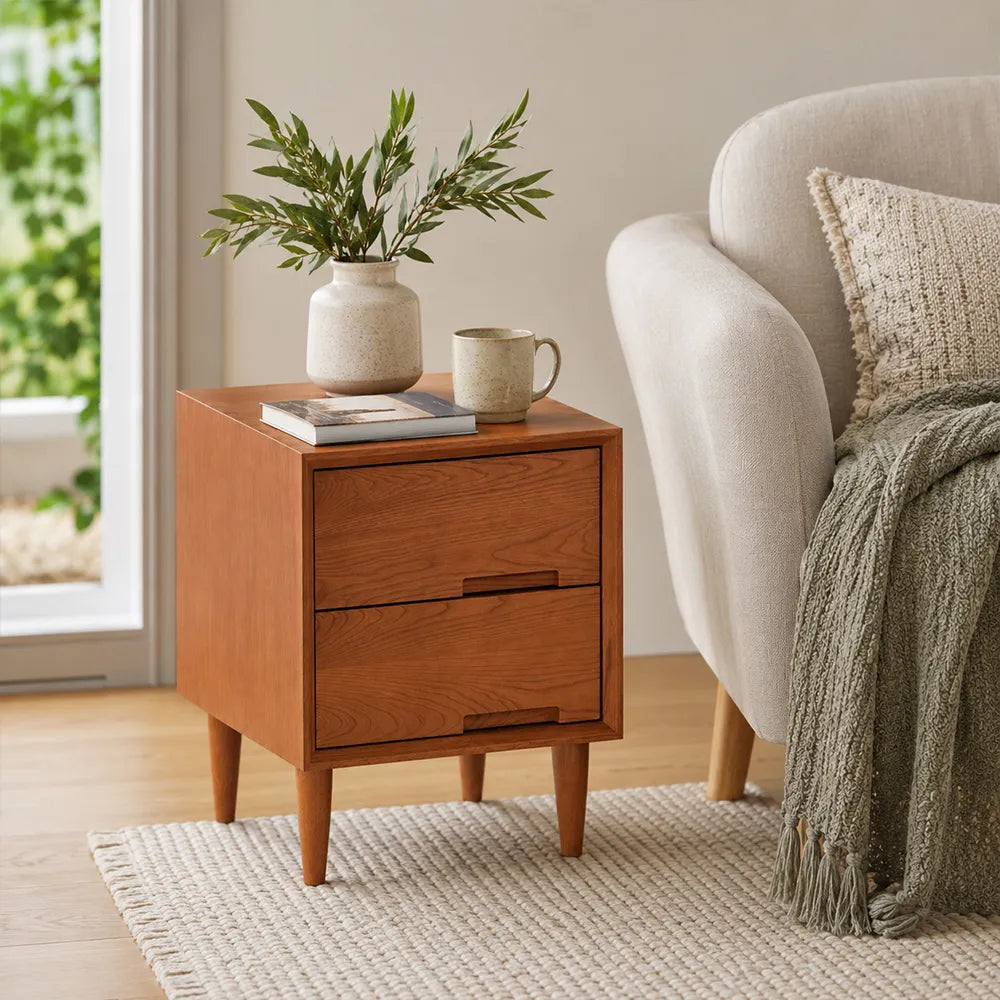 LIVARA Modern FAS Grade Solid Cherry Wood Bedside Table with Double Drawers, Recessed Handles, Dovetail Joinery, Tapered Legs, 40cm - Cherry Wood