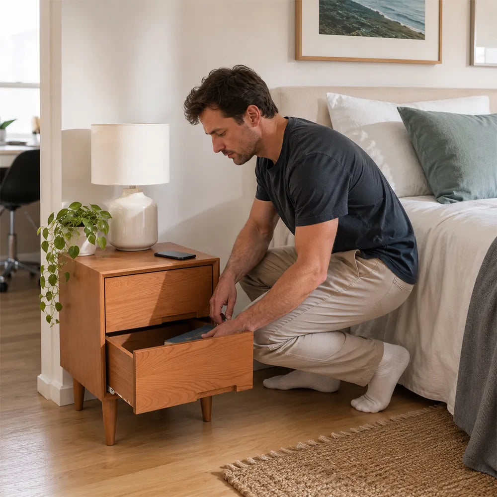 LIVARA Modern FAS Grade Solid Cherry Wood Bedside Table with Double Drawers, Recessed Handles, Dovetail Joinery, Tapered Legs, 40cm - Cherry Wood