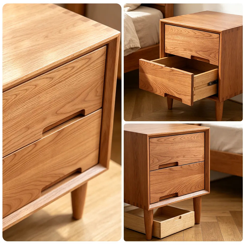 LIVARA Modern FAS Grade Solid Cherry Wood Bedside Table with Double Drawers, Recessed Handles, Dovetail Joinery, Tapered Legs, 40cm - Cherry Wood